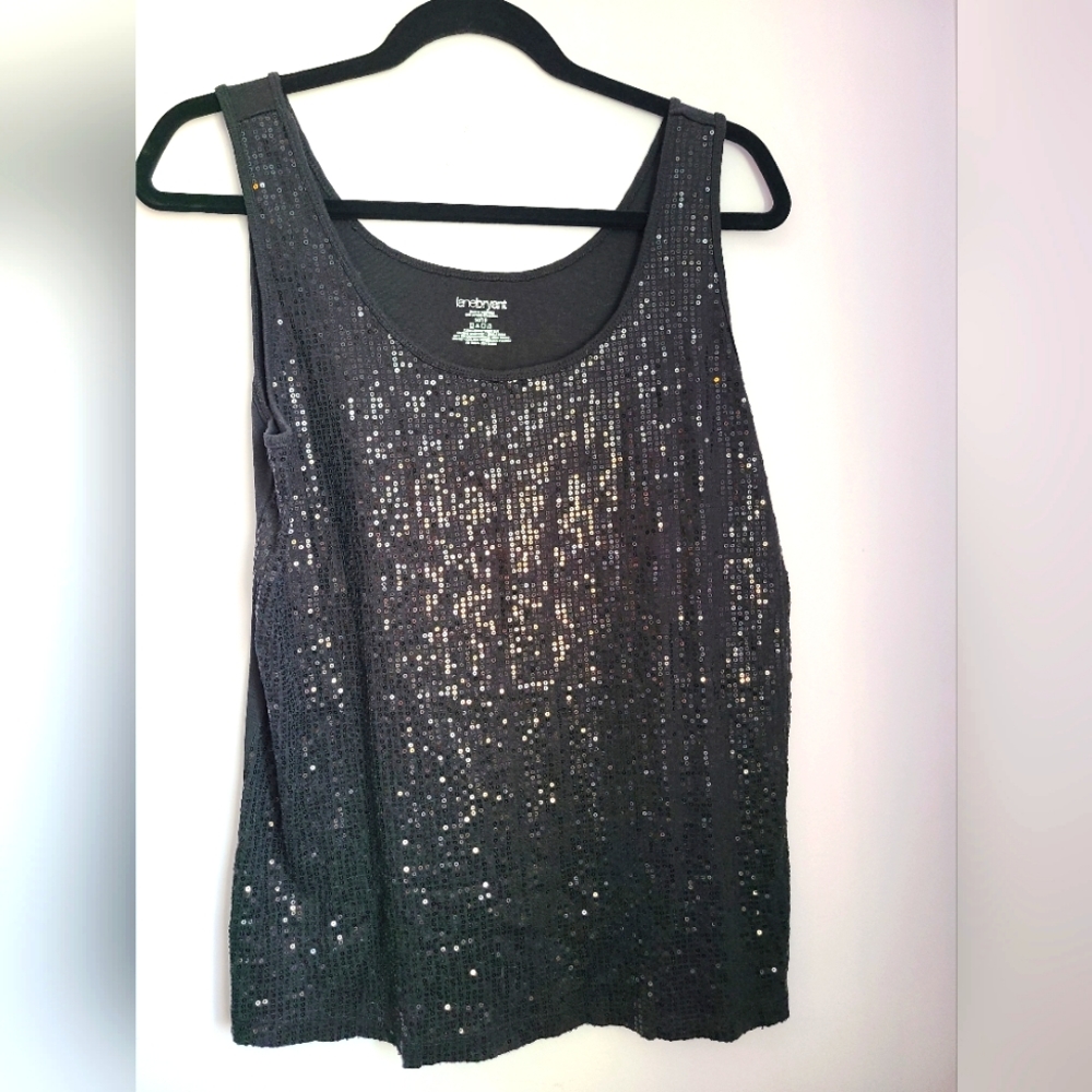 Black sequence tank top by Lane Bryant, size 14, gently worn.